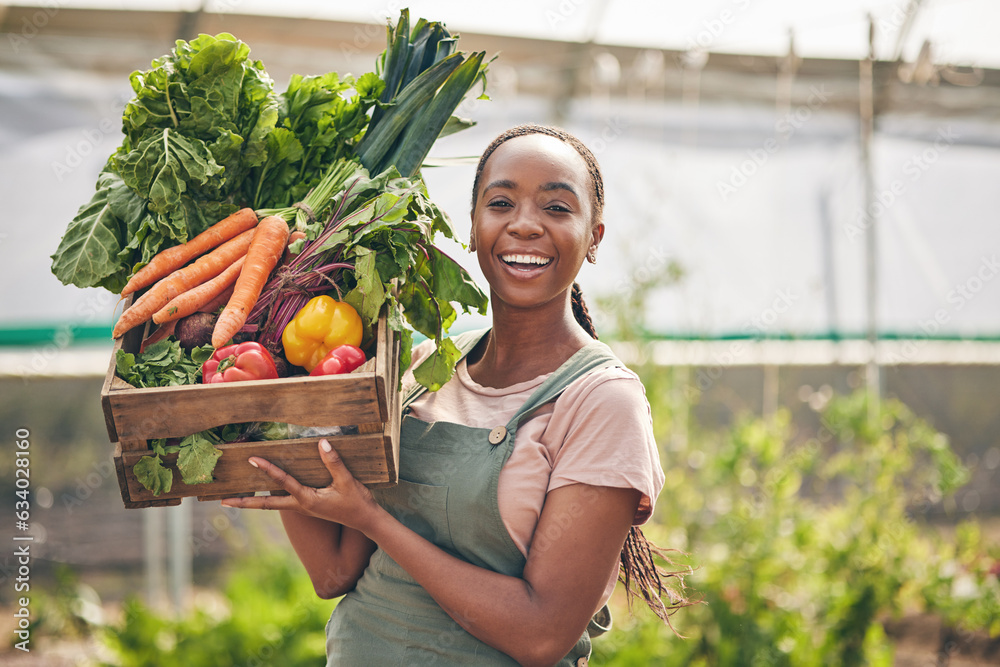 Woman, vegetables box and agriculture, sustainability or farming for supply chain or agro business. 