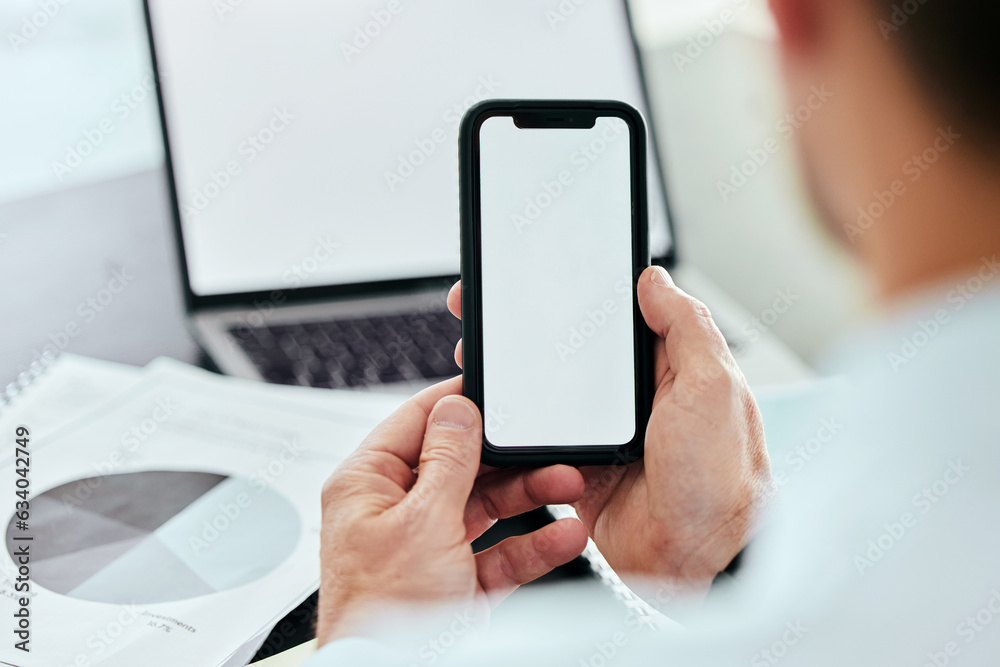 Mockup space, phone and hands of man with laptop in office for internet, connection and mobile app b