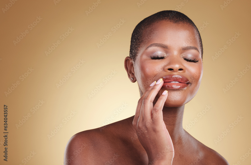 Makeup, beauty and a black woman with hands on mouth in studio for skin care, glow and cosmetics. Fa