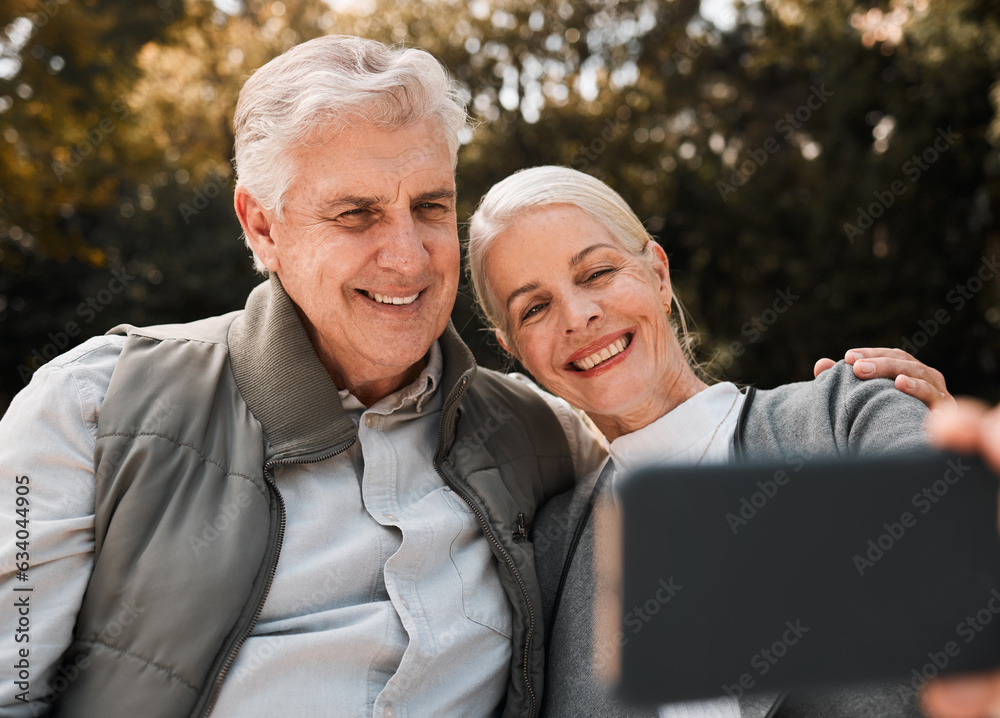 Senior couple, outdoor hiking and selfie with smile, web blog and memory in nature, sunshine and adv