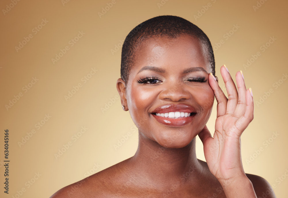 Beauty, makeup and portrait of a black woman in studio with hands on face for skin care, glow and co