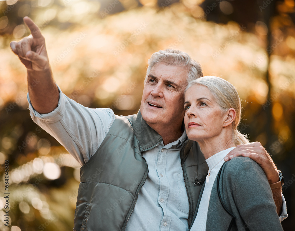 Senior couple, outdoor hiking and pointing with thinking, view or direction in nature, sunshine or a