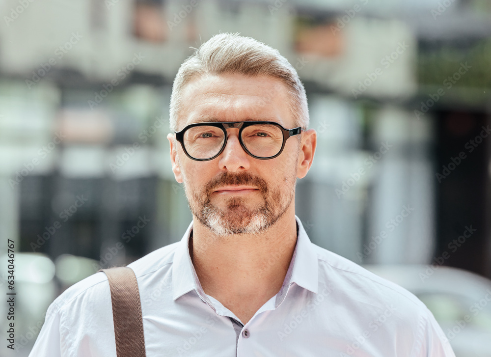 Mature business man, city and portrait with glasses, bag and ready for walk, travel and outdoor in m