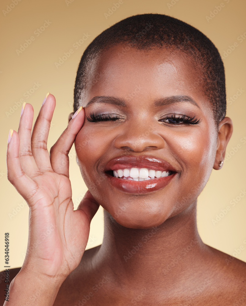 Beauty, makeup and portrait of a woman with eyelash extension in studio for skin care, glow and cosm