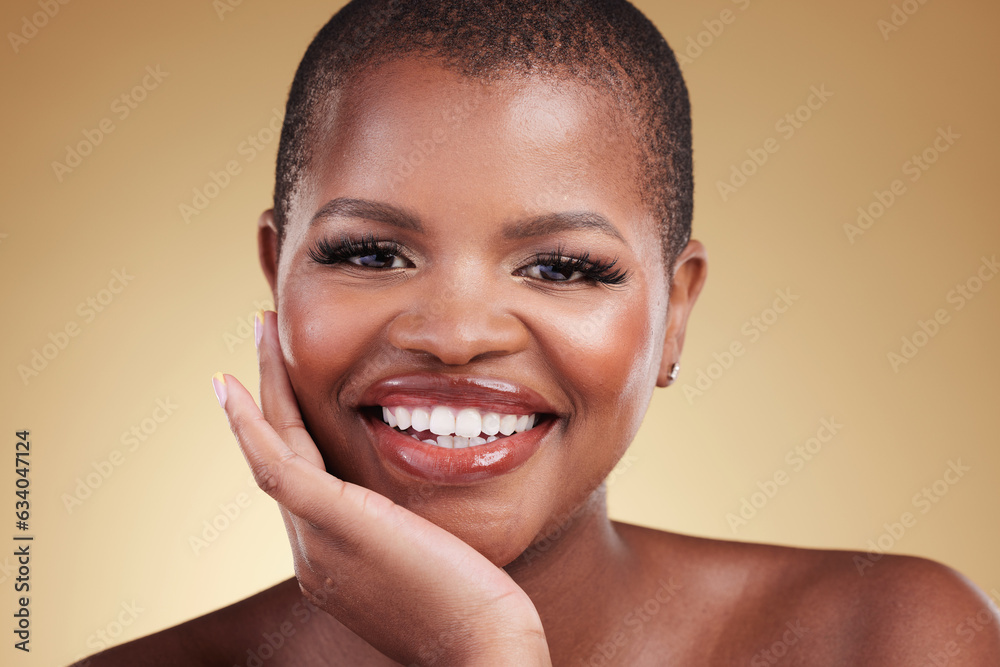 Beauty, smile and portrait a black woman in studio for skincare, glow and cosmetics. Face of happy a