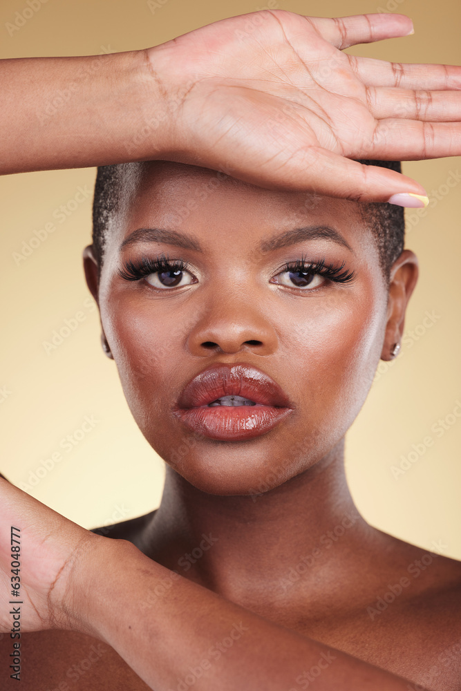 Beauty, face and a black woman with makeup in studio for skin care, glow and cosmetics. Portrait of 