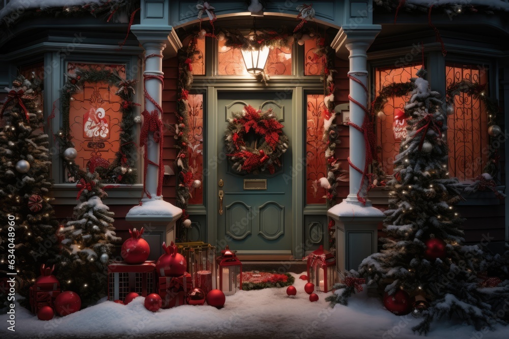 Traditional houses decorated with christmas garlands and lights