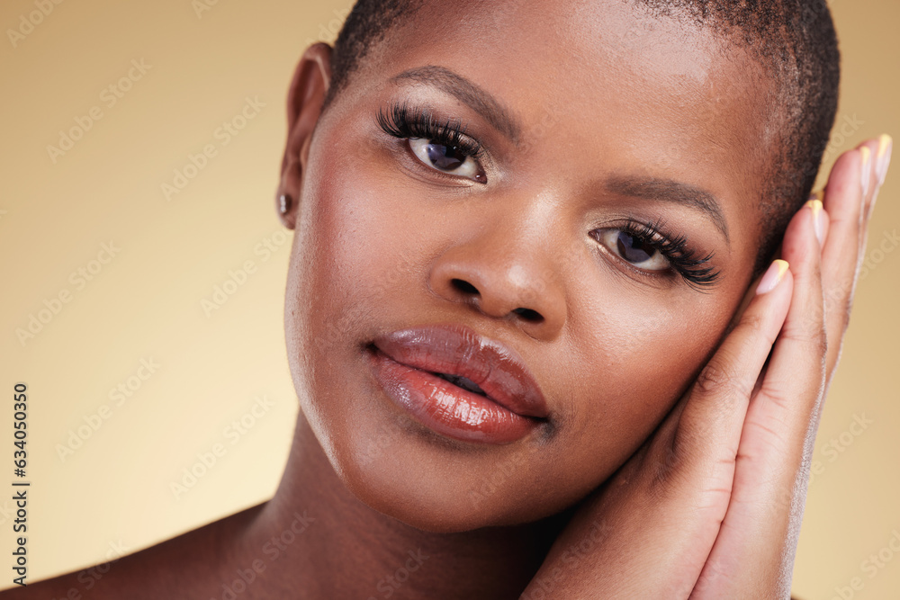 Beauty, natural makeup and face of a black woman in studio with hands on skin care, glow and cosmeti