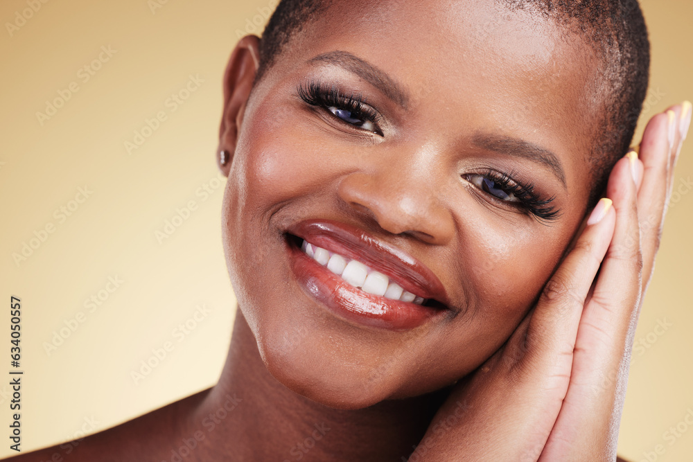 Makeup, beauty and portrait of a happy woman in studio with hands on face for skin care glow. Closeu