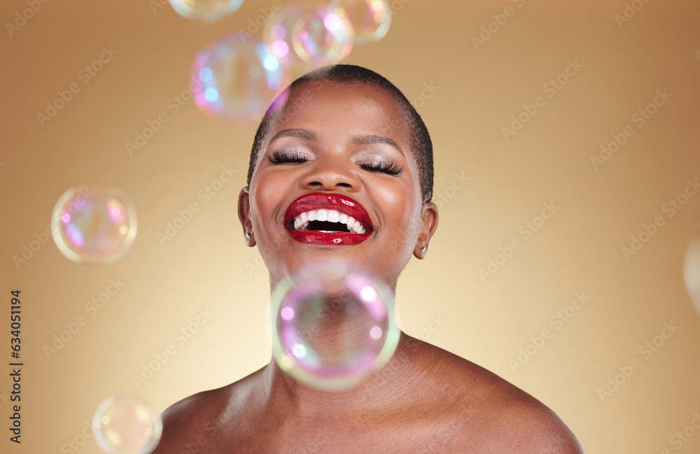 Cosmetics, makeup and bubbles with face of black woman in studio for beauty, spa treatment and luxur