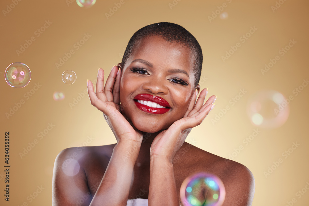 Happy, makeup and bubbles with portrait of black woman in studio for cosmetics, spa treatment and lu