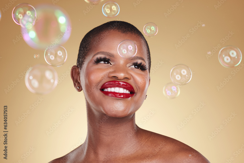 Smile, makeup and bubbles with face of black woman in studio for cosmetics, spa treatment and luxury