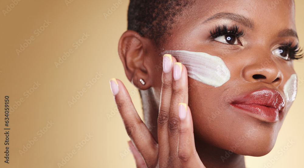 Skincare, application and face cream for black woman in studio for dermatology or cosmetic results o