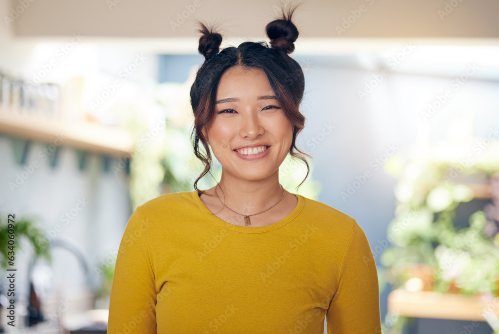 Asian, woman and happy portrait in home with happiness of cool gen z person in kitchen, living room 