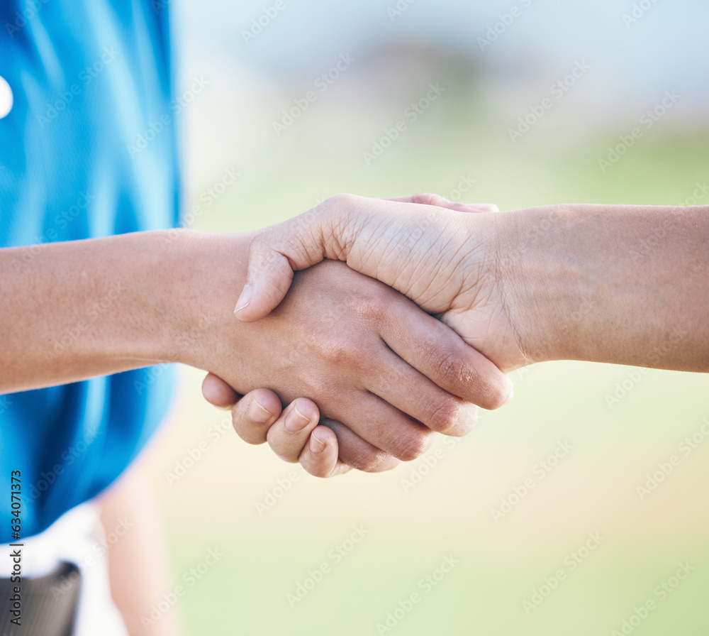 People, handshake and sports in agreement, teamwork or partnership on outdoor baseball field togethe