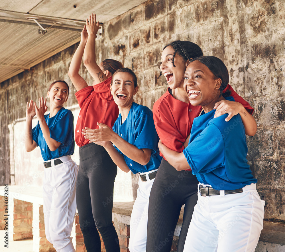 Baseball, team and women in celebration of winning game, match or success in competition and homerun