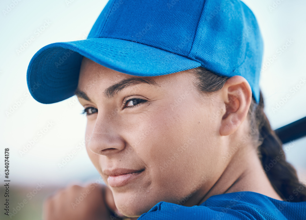 Baseball, face and a person with bat outdoor on pitch for sports performance or competition. Profess