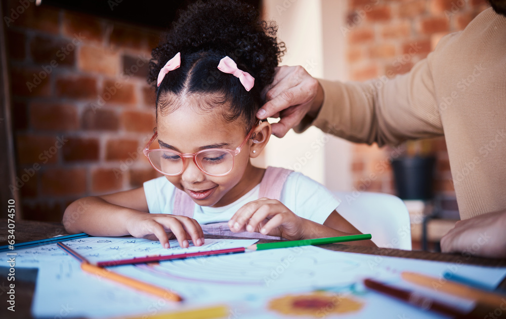 Homework, drawing and child at home with parent, care and learning for project. Young girl, problem 