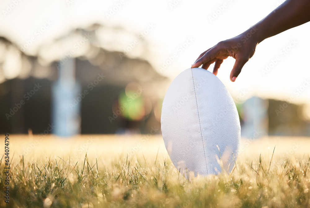 Sports, rugby and hand of person with ball ready for game, competition and tournament outdoors. Fitn