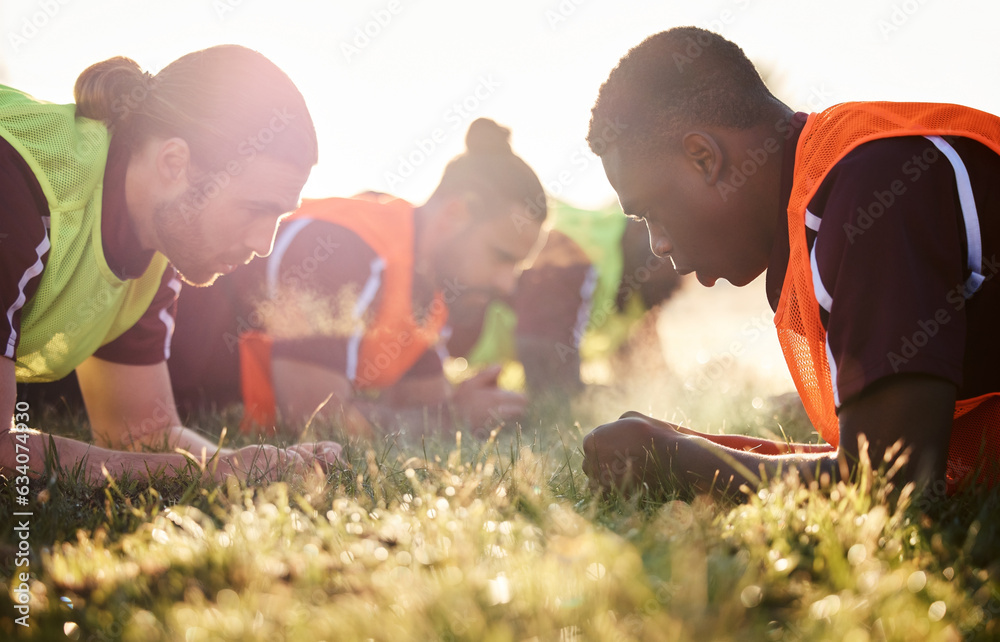 Sports, team and soccer group plank on field for fitness training, workout or core exercise outdoor 