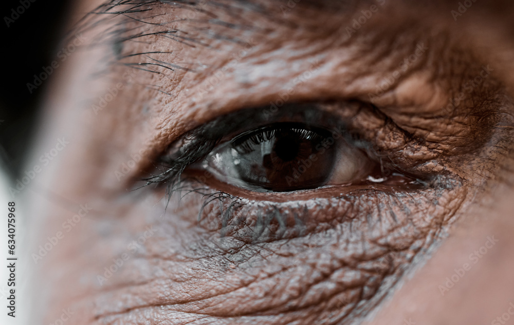 Eye, vision and wrinkles with a senior person closeup for sad emotion, pain or grief on an expressiv