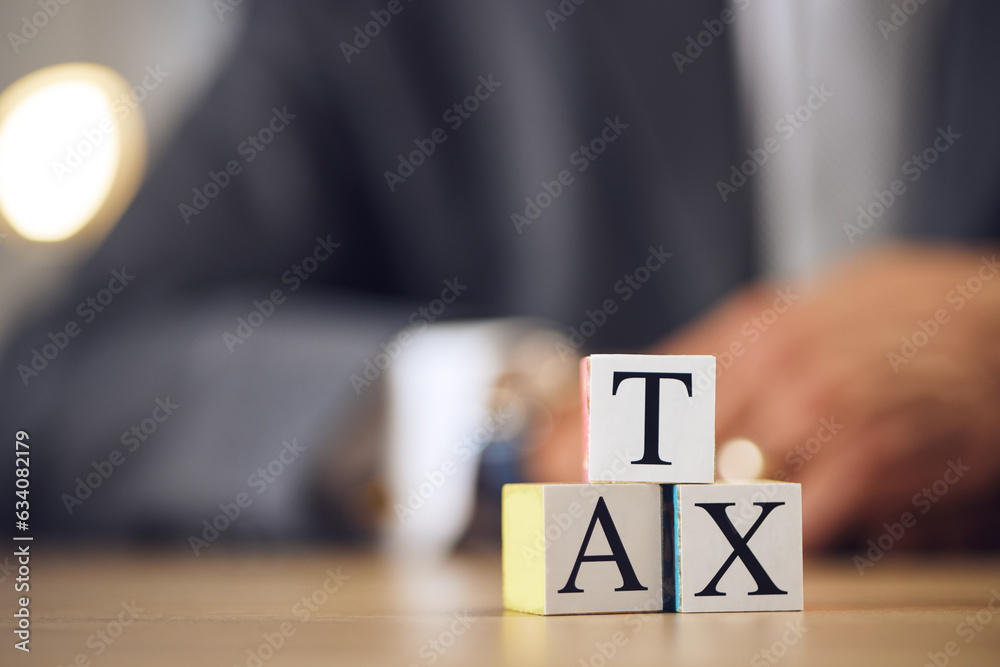 Business person, hands and blocks for tax, financial advisor or accounting on office desk. Letter or