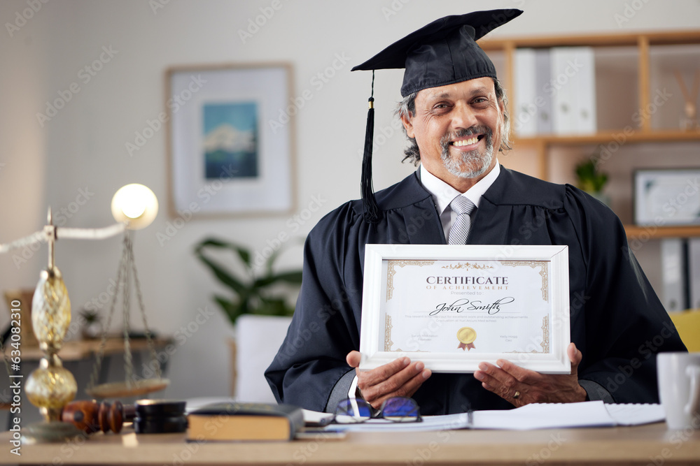 Law, portrait and a mature graduate with a certificate from education achievement in an office. Smil