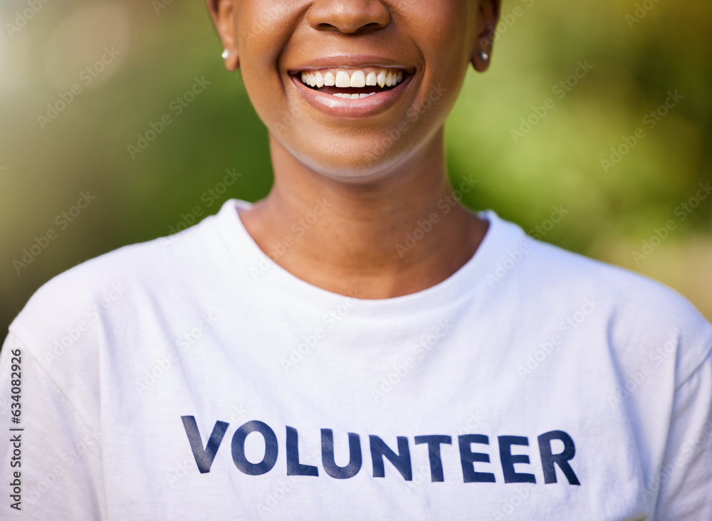 Woman, smile and happy volunteering in park or nature for climate change, earth day or environment. 