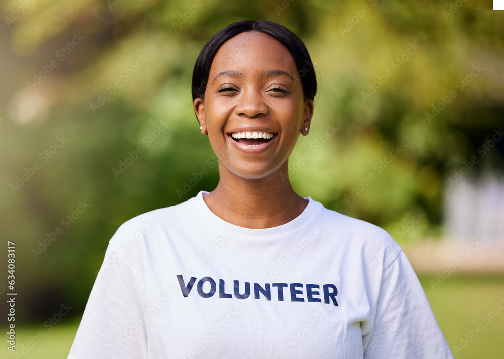 Happy, park volunteer and portrait of a black woman for cleaning, community work and service. Smile,