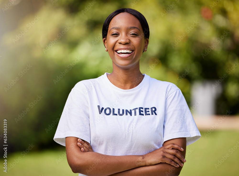 African woman, portrait and volunteer outdoor in nature, environment or charity in park for climate 