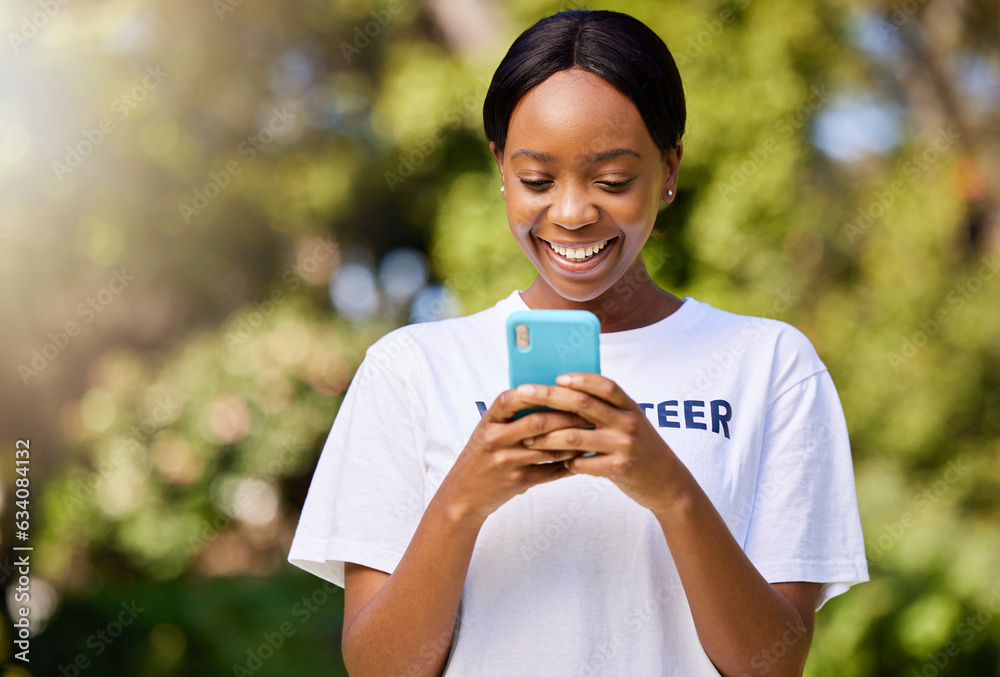 Smile, park volunteering and black woman with a phone for social media, chat or communication. Happy