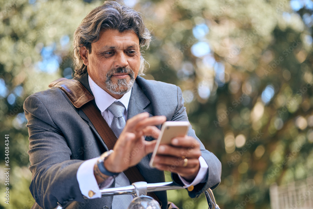 Bike travel, nature and a businessman with a phone for an email, reading communication and chat. Rel