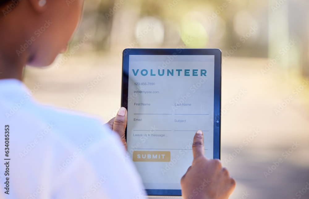 Nature, woman and a tablet for volunteering registration, checklist or signup on a screen. Hands, en