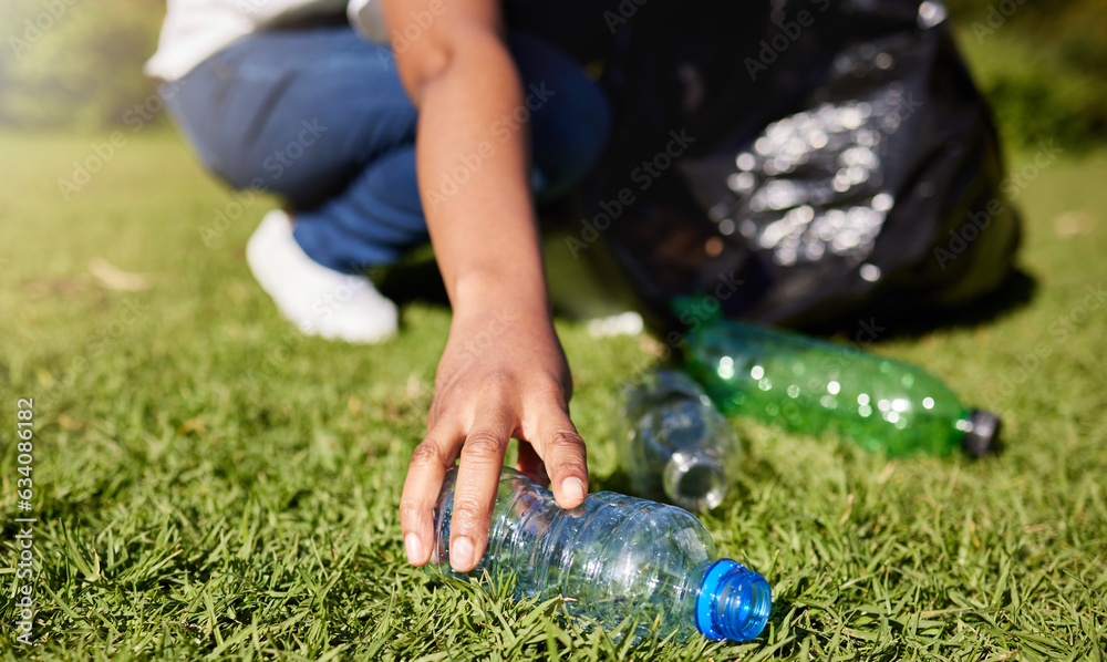 Volunteer, hands and plastic or cleaning park, community service and recycling for climate change or