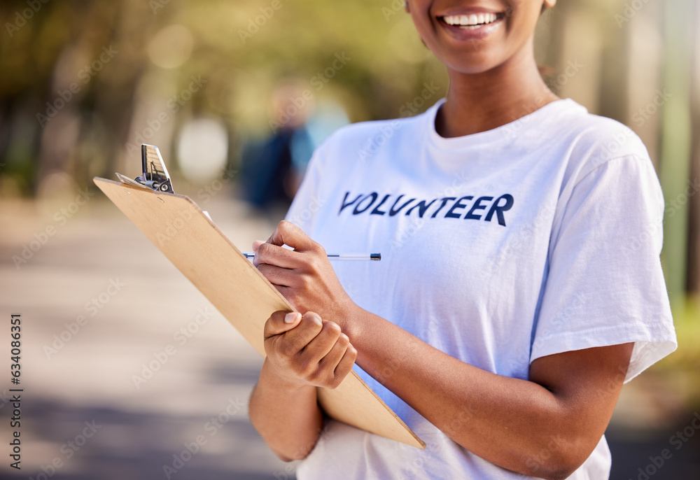 Woman, hands and volunteering checklist in nature for climate change, inspection and community servi