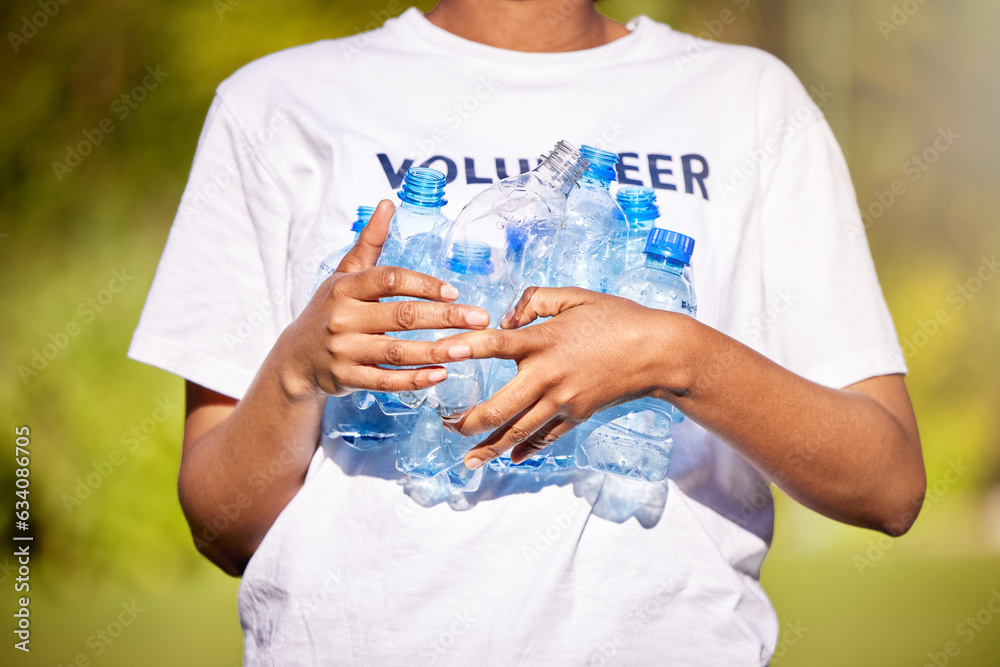 Volunteer hands, plastic bottle and park for community service, recycling and climate change or eart