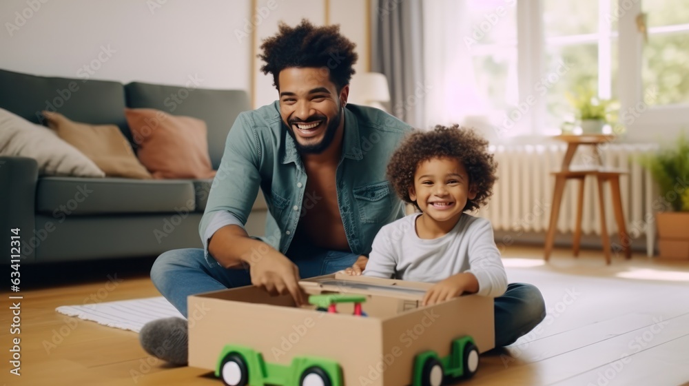 Father and son are playing at home with pretend car in a box