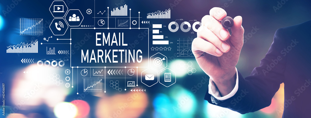 Email marketing with a businessman in a blurred city lights at night