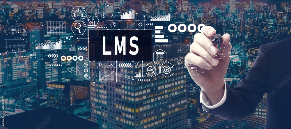 LMS - Learning Management System with businessman in a city at night