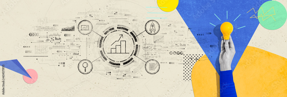 Business growth analysis with person holding a yellow light bulb
