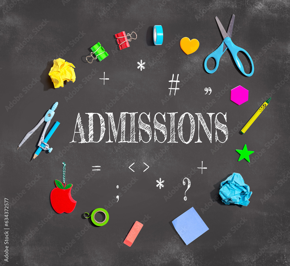 Admission theme with school supplies on a chalkboard - flat lay