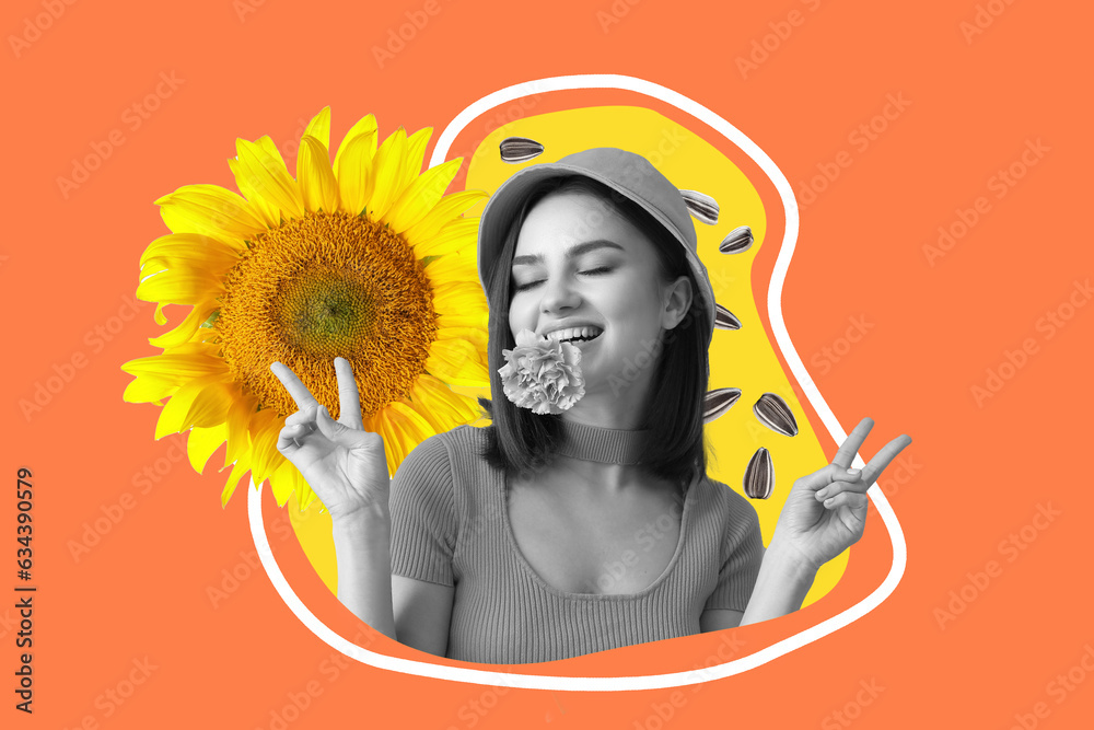 Collage with beautiful young woman and sunflower on orange background