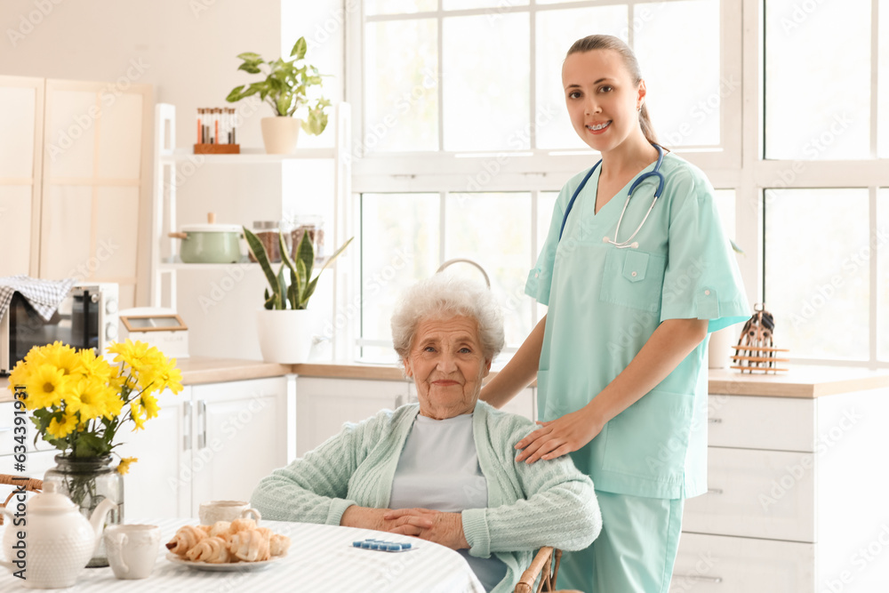 Senior woman with female caregiver in kitchen