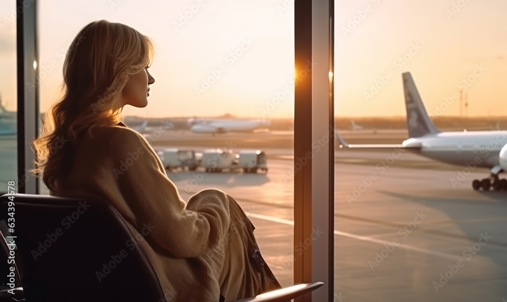 A woman is sitting by a window overlooking an airport