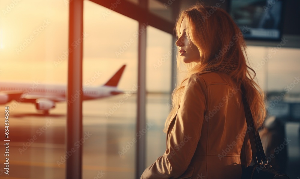 A woman is sitting by a window overlooking an airport