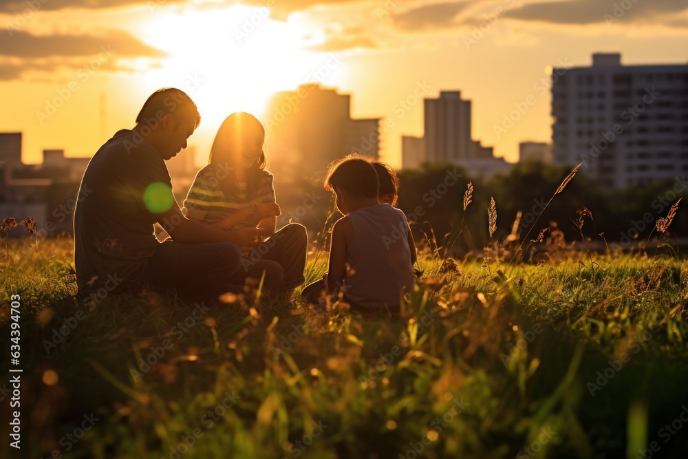 A family spend time near river together