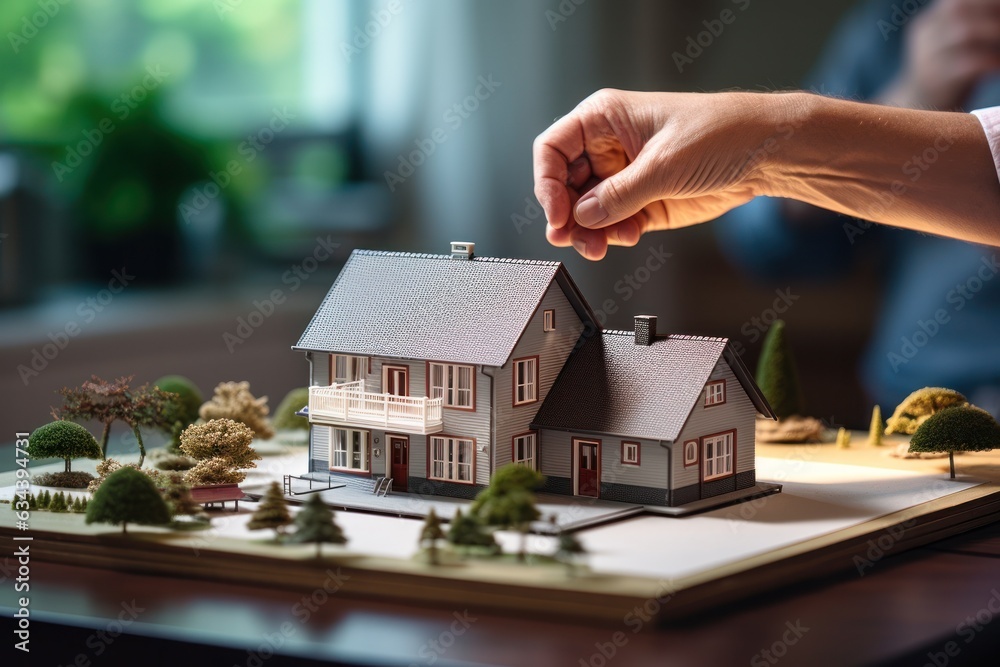 A couple on a desk with a house model and house keys