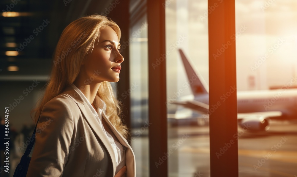 A woman is sitting by a window overlooking an airport