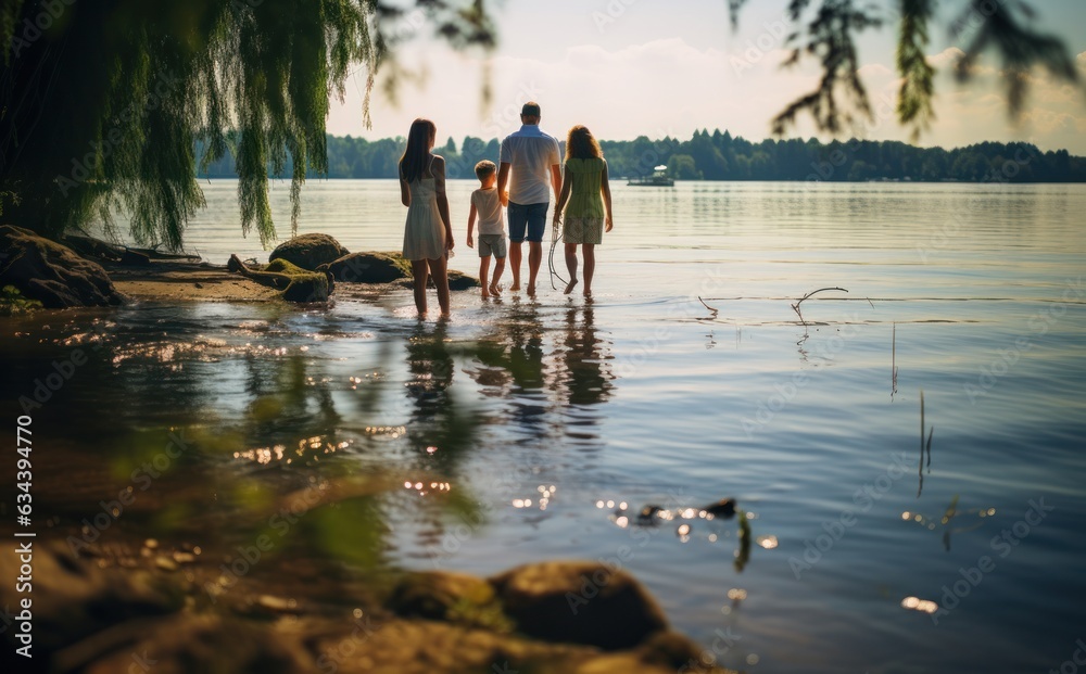 A family spend time near river together