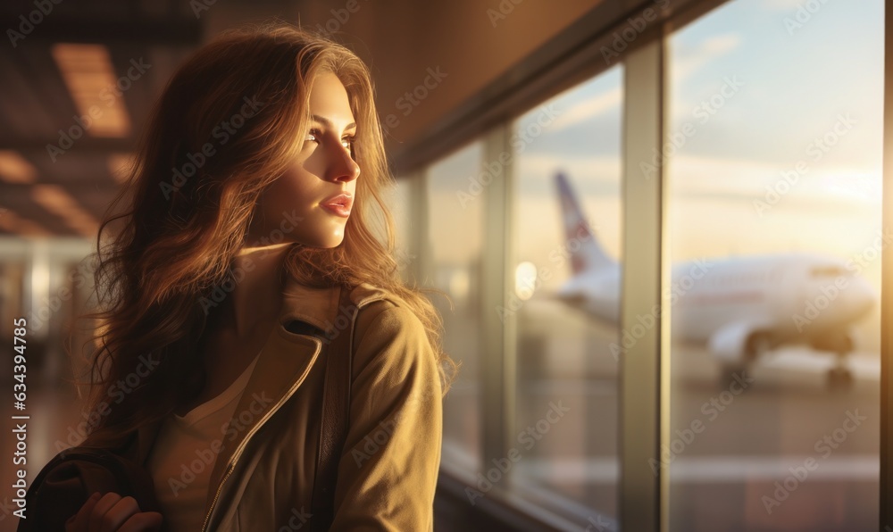 A woman is sitting by a window overlooking an airport